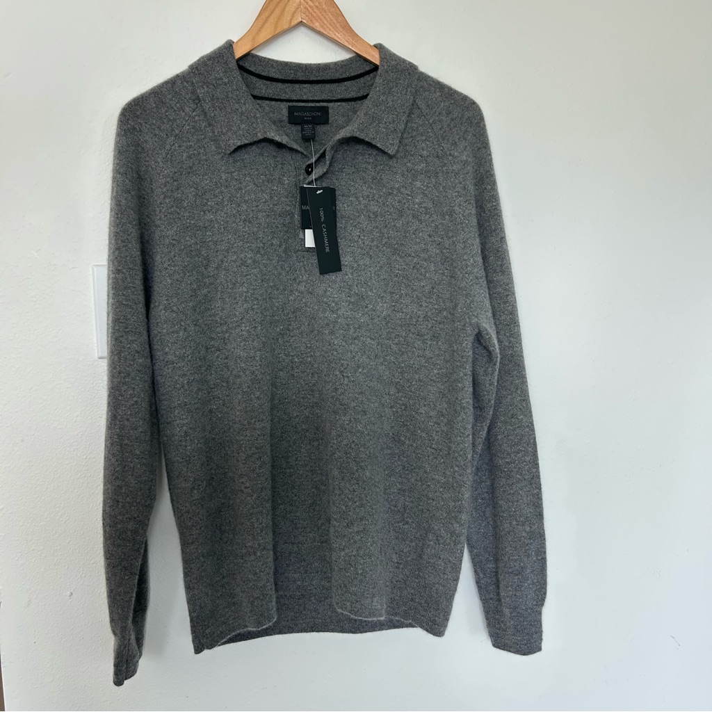Magaschoni Men's Grey Button Collared 100% Cashmere Sweater Size M Nwt